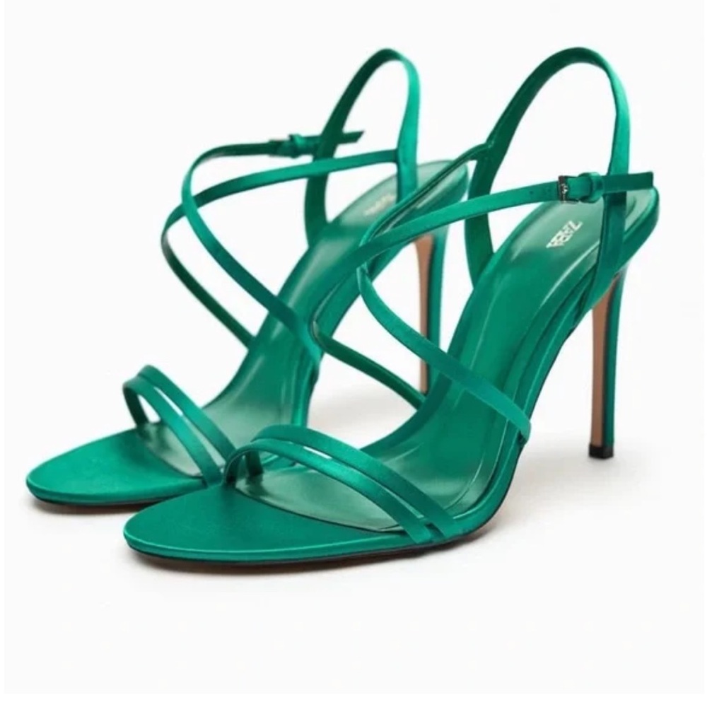 ZARA GREEN SATIN STRAPPY HIGH HEEL SANDALS